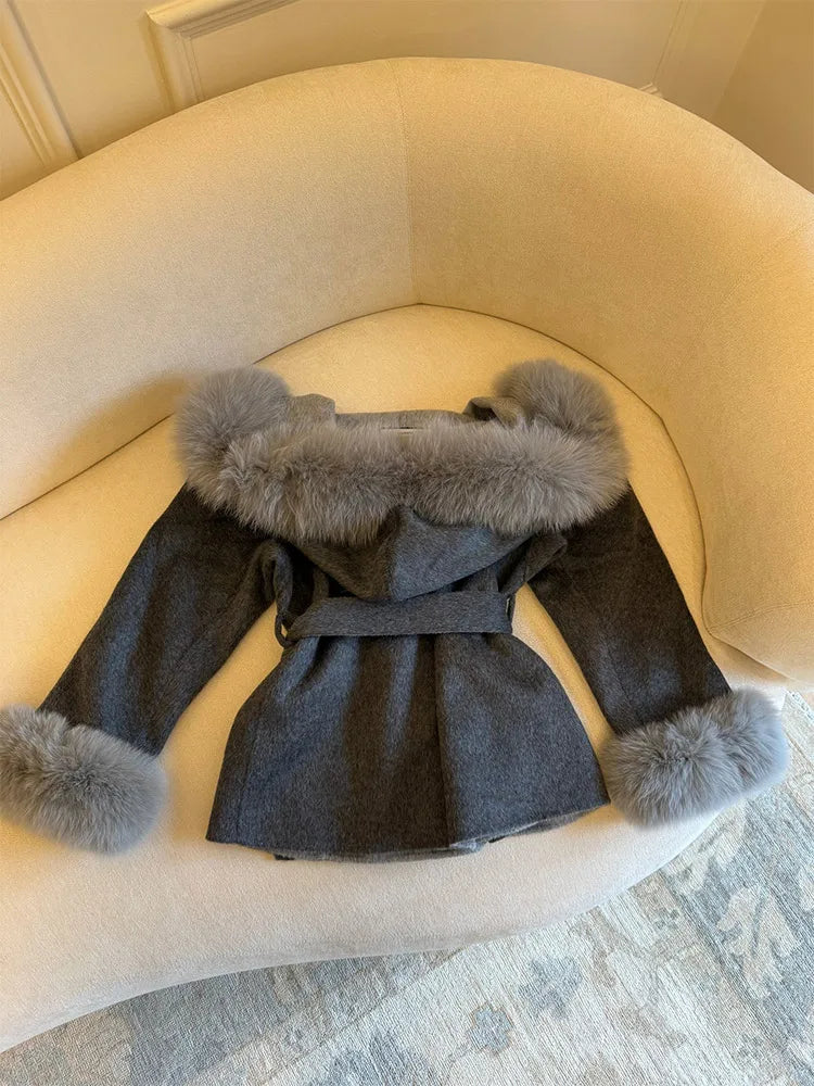 Elegant Women's Faux Fur Hoody Coat Furry Patchwork Lace Up Full Sleeve Female Jacket 2025 Autumn Winter New Lady Warm Outerwear