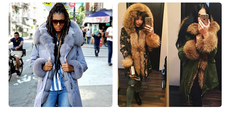 MaoMaoKong Natural Real Fox Fur Jacket Hooded Black Waterproof Woman Winter Warm Coat Parkas Luxury Jacket Female Clothing