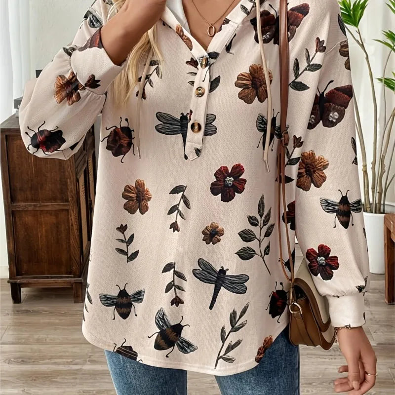 Fashionable Hooded Zipper Printed Sweatshirt Women Long-sleeved Loose Versatile Autumn And Winter Pullover Herbst Damen Kleidung