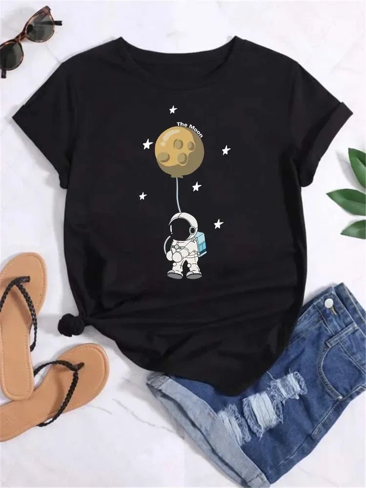 Women Moon Planet Print Fashion Tee Shirts Casual Round Neck Short Sleeve Streetwear Female T-Shirt Vintage Tops