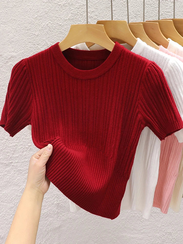 2025 Summer T shirts for Women Casual Female Korean Knit Streetwear Tees Basic Solid Young Cool Tops