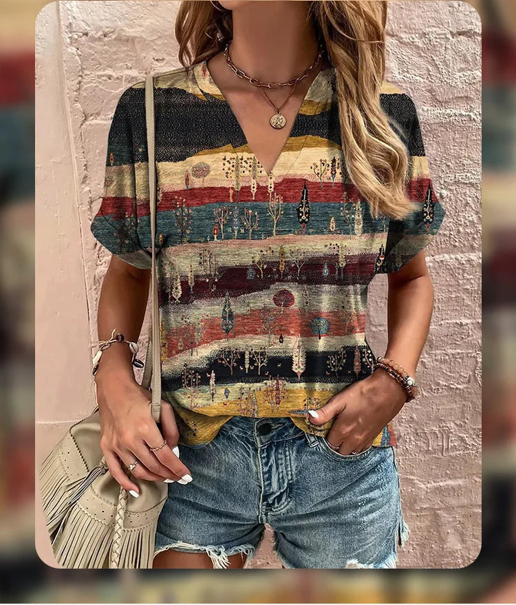 Retro Women's T-Shirt Summer V-Neck Short Sleeve Tee Casual Harajuku Stripe Print T Shirt for Women Streetwear Pullover Tops New