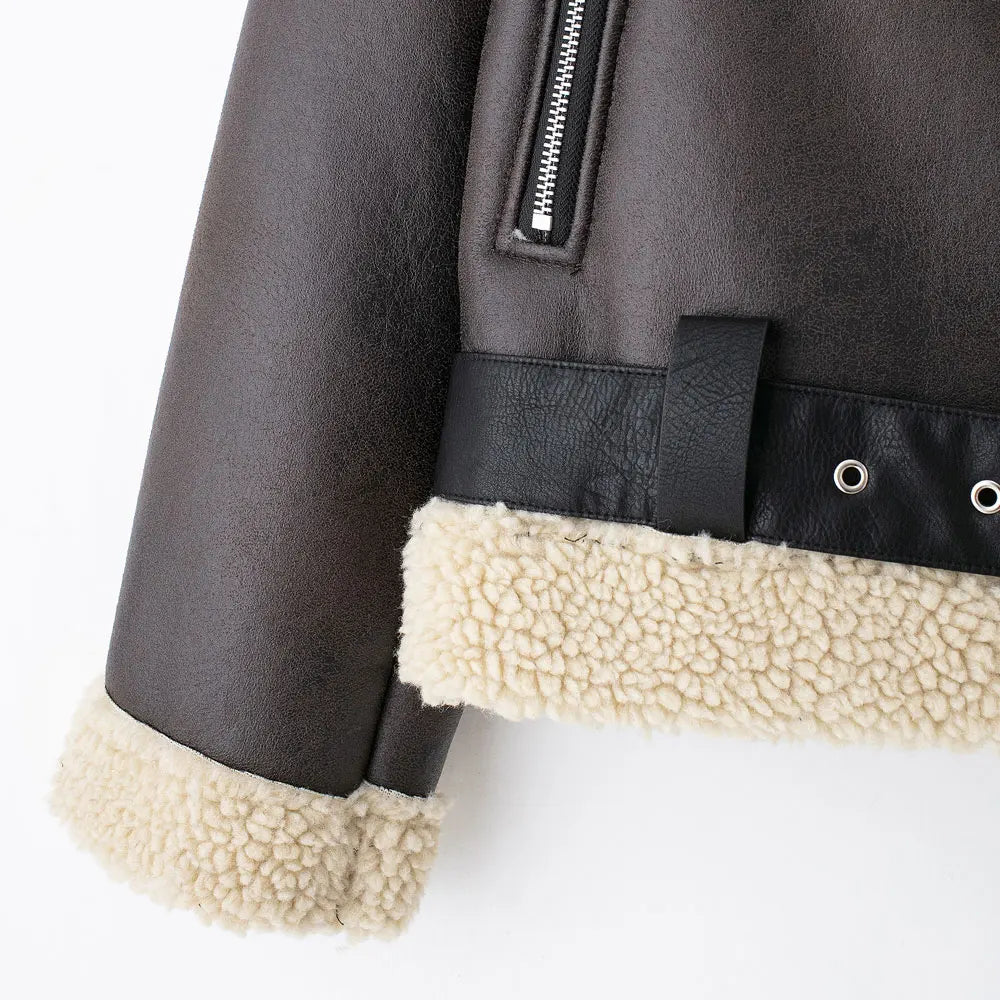 Women's Thick Warm Suede Jacket with Belt, Long Sleeve Coats, Faux Shearing, Female Outerwear, Chic Tops, Winter Fashion