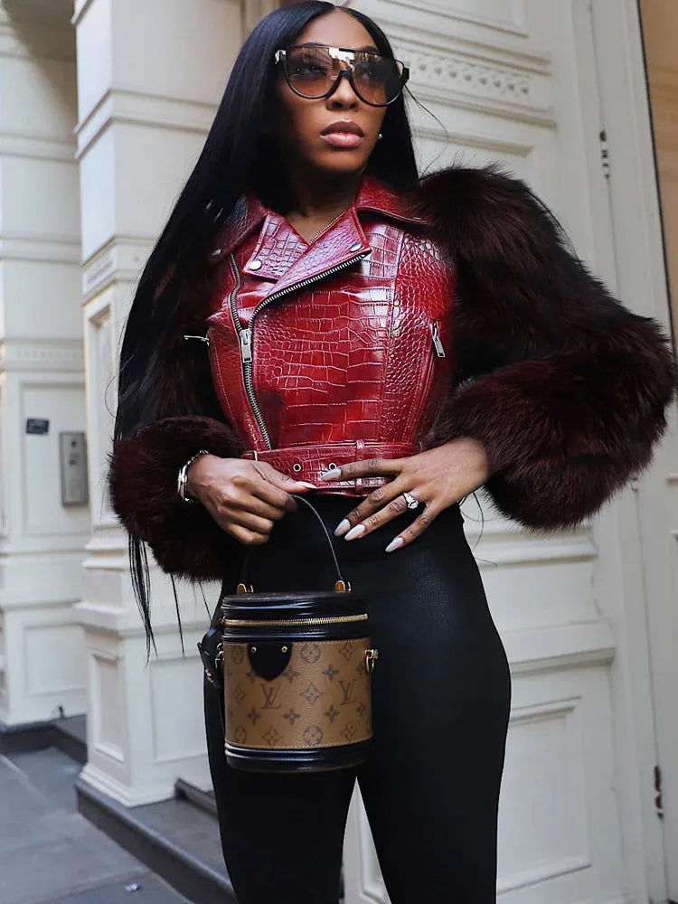 MCDV Winter Fur Patchwork Leather Jacket for Woman Fashion Lapel Zipper Belt Motorcycle Pu Jacket Female High Streetwear Outwear