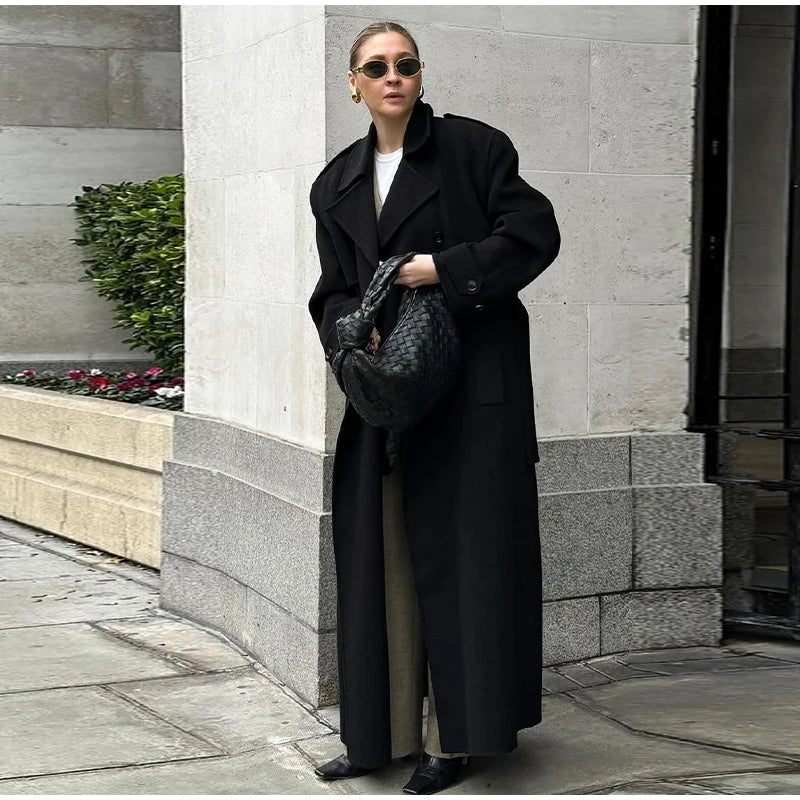 Belts Double Breasted Women's OverCoat Elegant Laple Pocket Full Sleeve Female Coat 2025 Autumn Winter Fashion New Lady Outwears