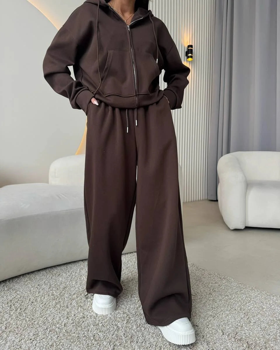 2025 Woman 2 Piece Set Outfit Sports Suit Long-sleeved Zipper Cardigan Hooded Sweatshirt Lace-up Trousers Two-piece Set Trendy