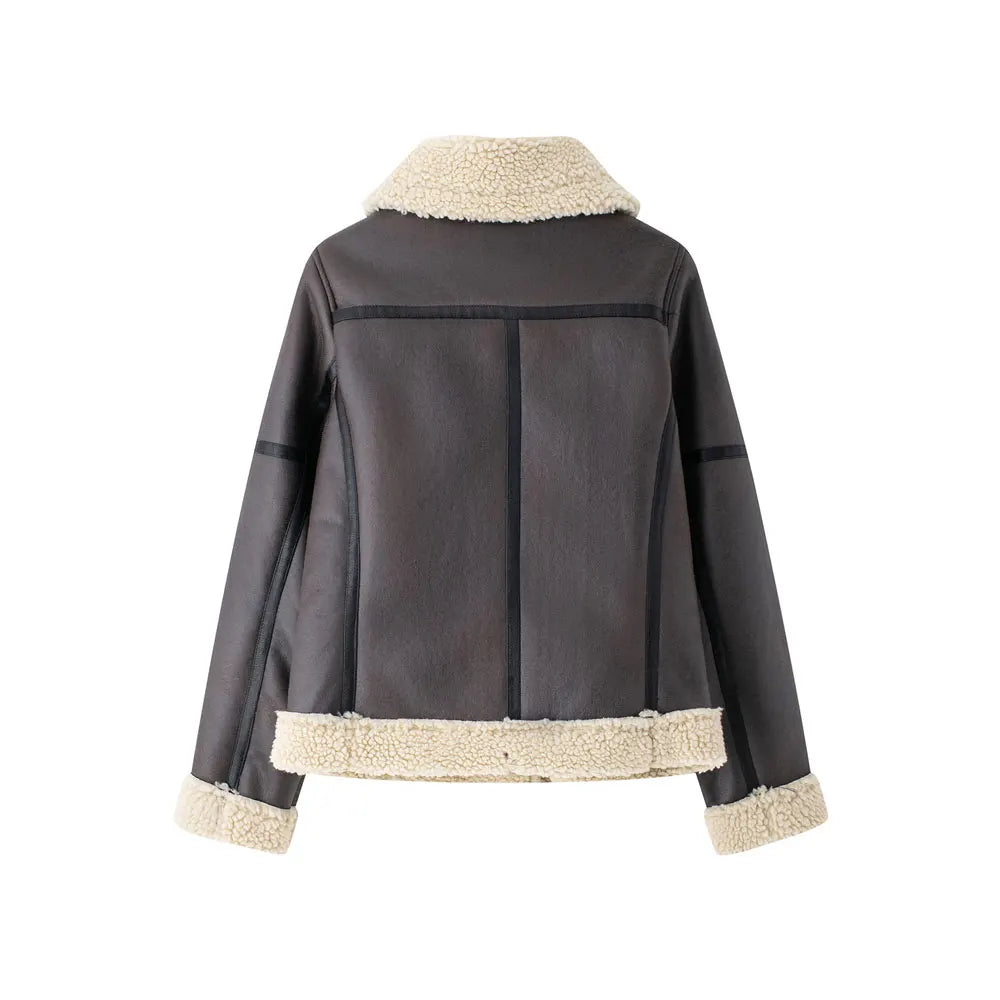 Women's Thick Warm Suede Jacket with Belt, Long Sleeve Coats, Faux Shearing, Female Outerwear, Chic Tops, Winter Fashion