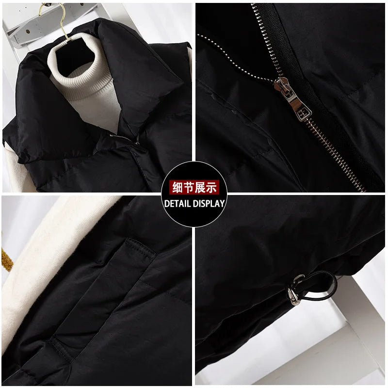 Women Fashion Autumn New 2024 Stand Collar Elegant Down Coats Warm Outerwear Casual Belt Sleeveless Winter Women Vests Jackets