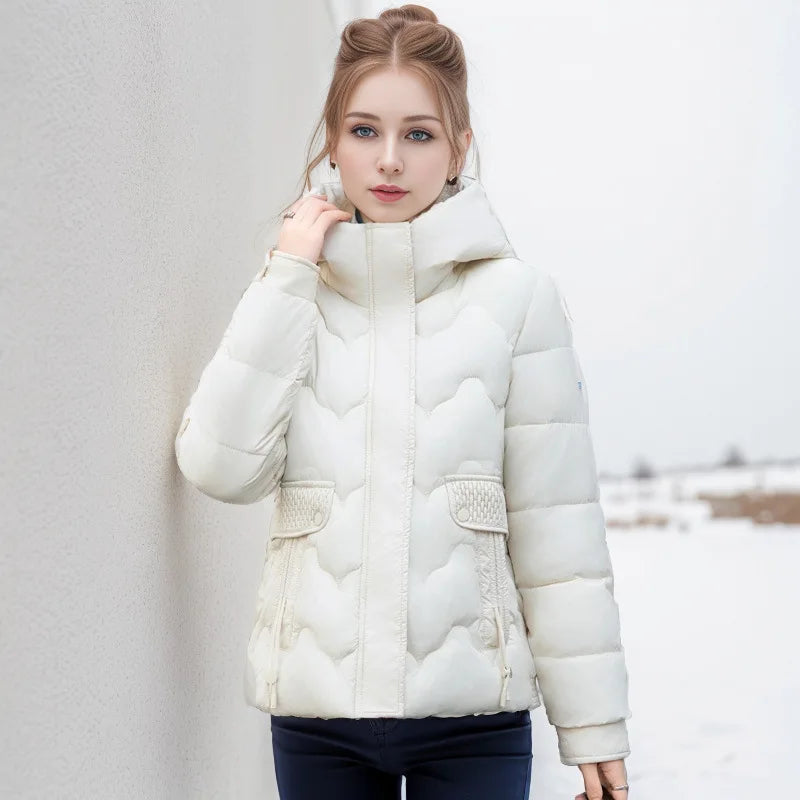 Drawstring Winter Women's Parka Jacket Solid Stand Collar Hooded Zipper Fly Padded Coat For Female Slouchy-Style Lady's Jacket