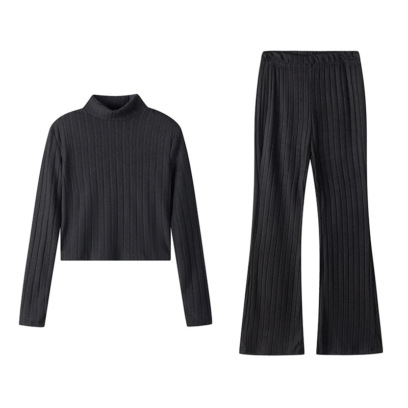 Fashion Women's Knitted Two-piece Set Casual Ribed Long-Sleeve Slim Outfit Trouser Set Female Outfit Clothes