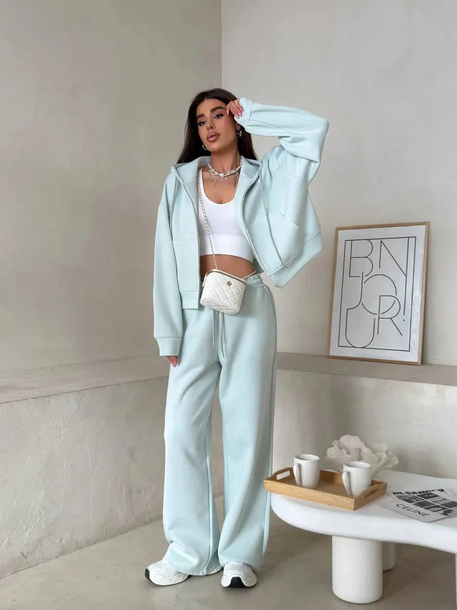 2025 Woman 2 Piece Set Outfit Sports Suit Long-sleeved Zipper Cardigan Hooded Sweatshirt Lace-up Trousers Two-piece Set Trendy