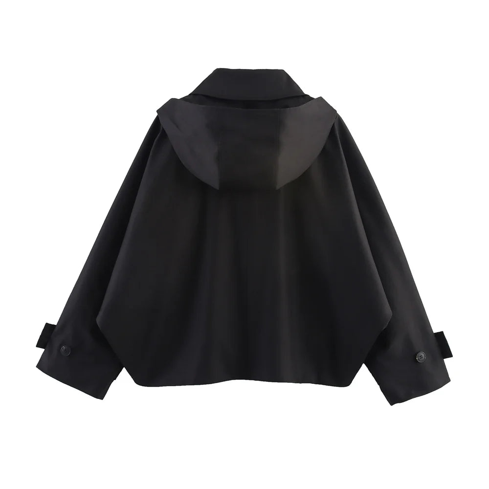 Autumn new European and American style hooded long sleeved lapel jacket single breasted trench coat short jacket