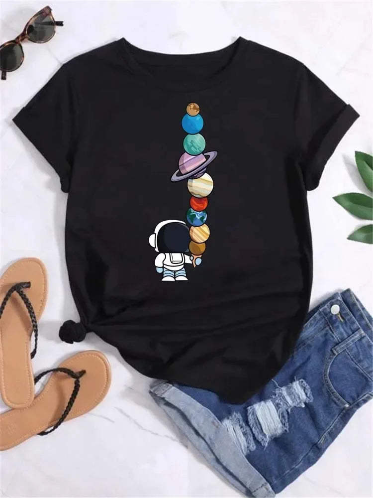 Women Moon Planet Print Fashion Tee Shirts Casual Round Neck Short Sleeve Streetwear Female T-Shirt Vintage Tops
