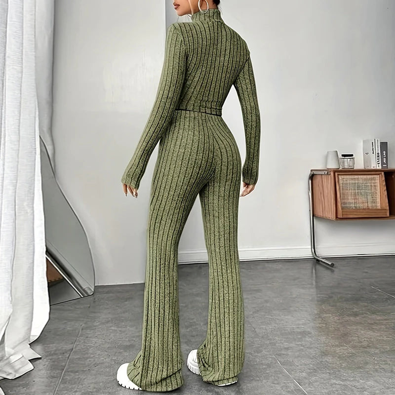 Fashion Women's Knitted Two-piece Set Casual Ribed Long-Sleeve Slim Outfit Trouser Set Female Outfit Clothes