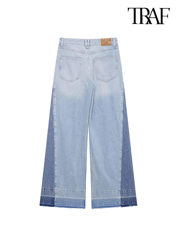 Women's Fashion Vintage Style Contrast Color Splicing High Waist Wide Leg Jeans High Street Casual Versatile Women's Pants