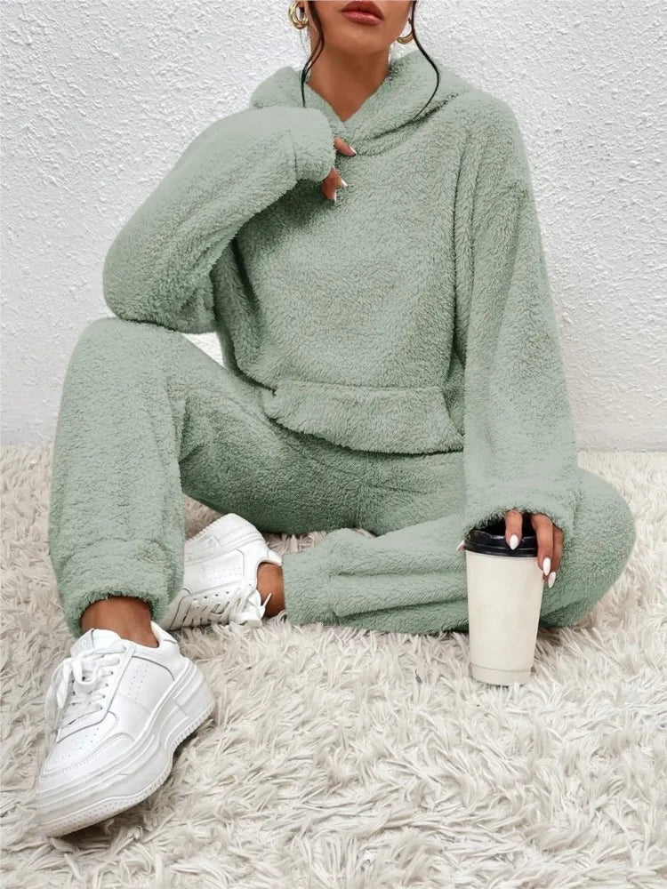 Autumn Winter Plush Hooded Sweatshirt Trousers 2 Piece Set Women's Fashion Pocket Warm Casual Home Clothing Hoodie Trousers Suit