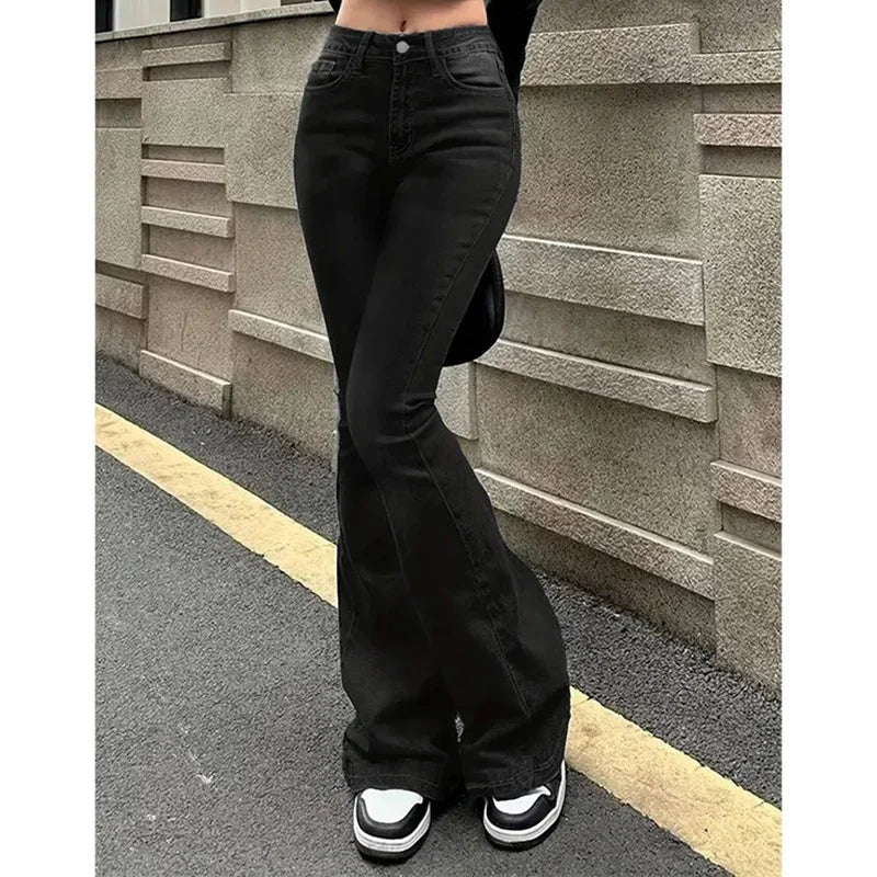 2025 Girls Concise Ins High Waist Flared Jeans Female Stretchy Bootcut Denim Pants Women Solid Color Thin Bell Bottoms Trousers