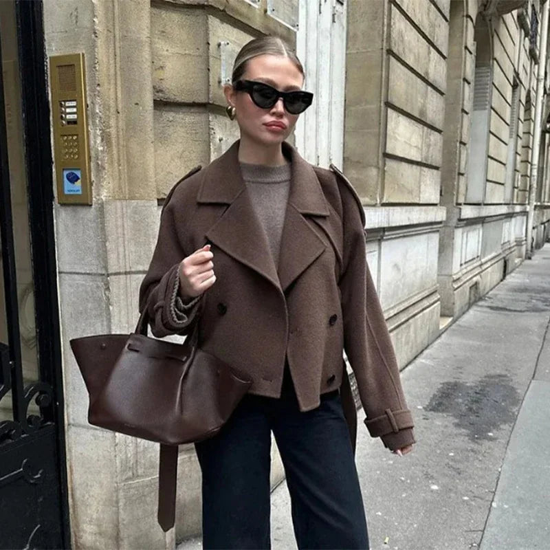 Belts Double Breasted Women's OverCoat Elegant Laple Pocket Full Sleeve Female Coat 2025 Autumn Winter Fashion New Lady Outwears