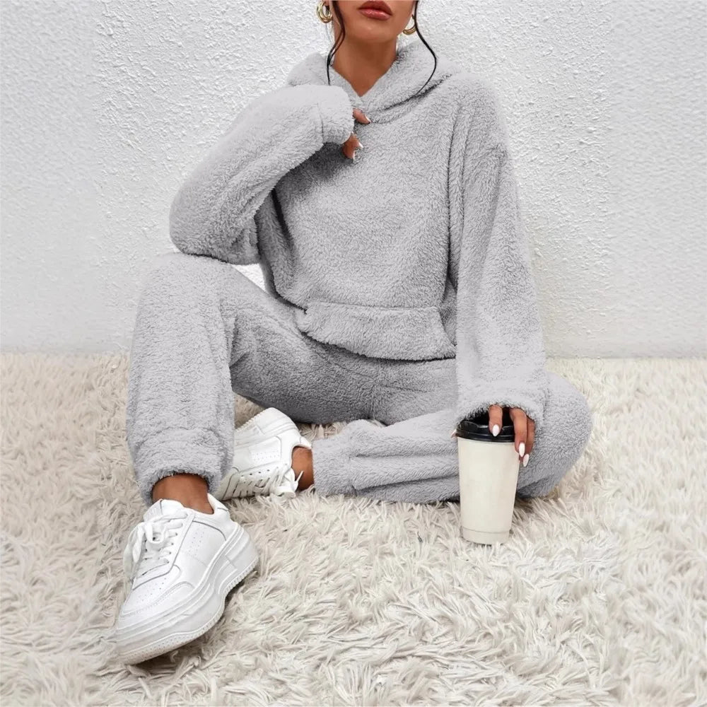 Autumn Winter Plush Hooded Sweatshirt Trousers 2 Piece Set Women's Fashion Pocket Warm Casual Home Clothing Hoodie Trousers Suit