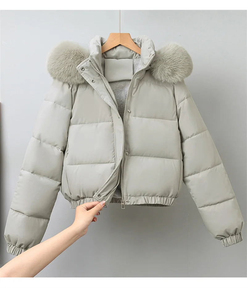 Winter Short Parkas Women's Cotton-padded Clothes Add Velvet Thicken Outerwear Fur Collar Removable Hooded Coats Warm Jackets