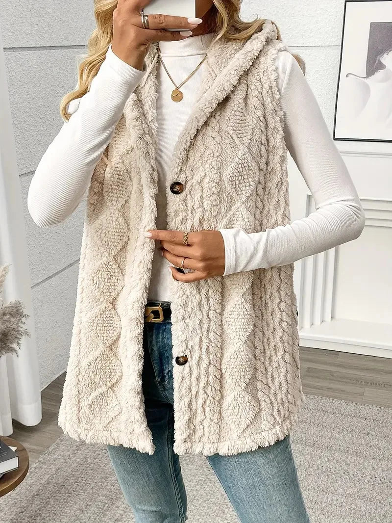 VigoCasey 2025 Casual Sleeveless Thick Vest Coat Woman Solid Hooded Warm Plush Waistcoat Lady Autumn Winter Apricot Vest Jacket