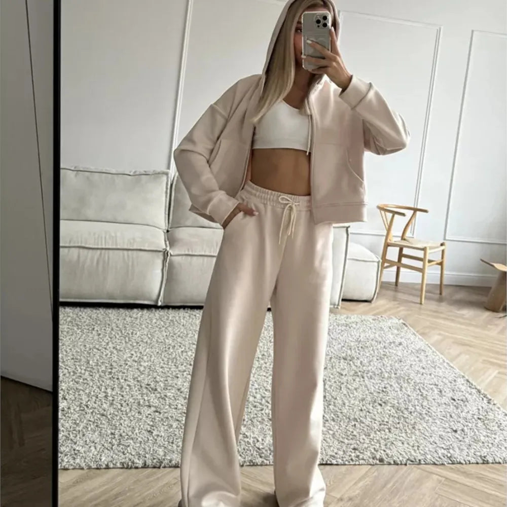 2025 Woman 2 Piece Set Outfit Sports Suit Long-sleeved Zipper Cardigan Hooded Sweatshirt Lace-up Trousers Two-piece Set Trendy