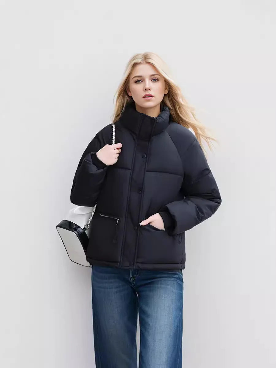 Women's Winter Puffer Coat Stand Collar Zipper Fly Pockets Loose Fit Quilted Coat For Female Thickened Lady's Thermal Coat