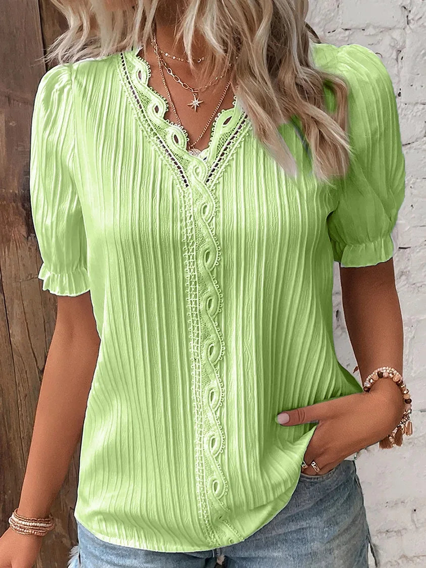 Women's Summer New Top Solid Sexy V-Neck Hollow Short Sleeve Shirt Fashion Splice Plus Size Blouse Loose Street Apparel