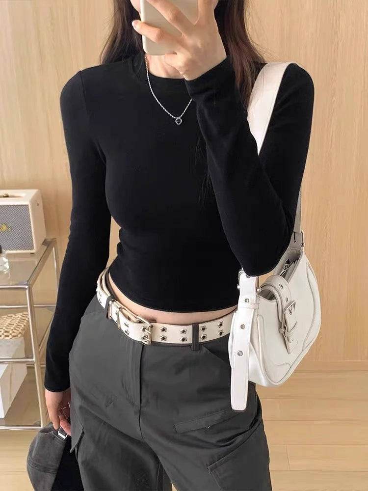 Women Casual Long Sleeve T-shirts Elastic Basic Autumn Solid Slim Pullovers Tee Shirt Female Streetwear Base Lady Top