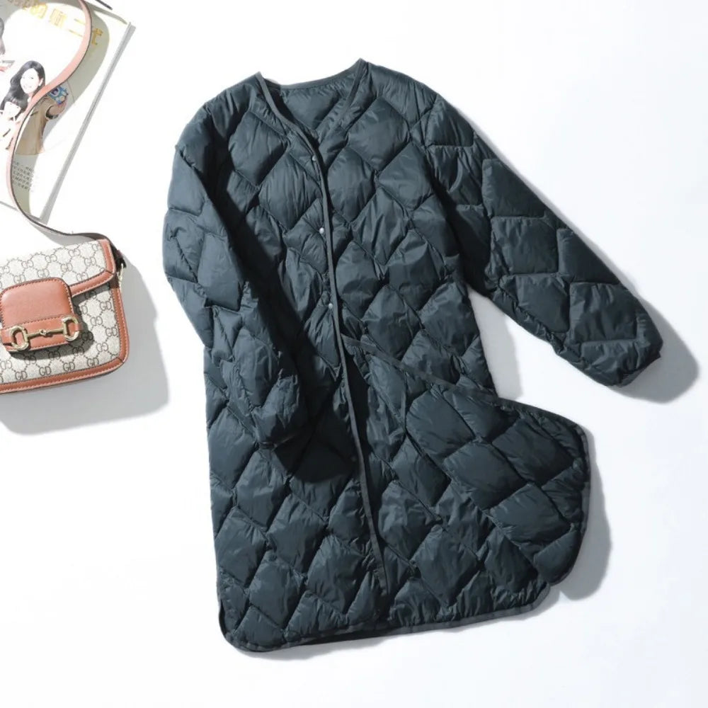 2025 New Warm O-neck Thin Parkas Fashion Outerwear Winter Women Long Ultra Light Puffer Jacket 90% White Duck Down Coat Female