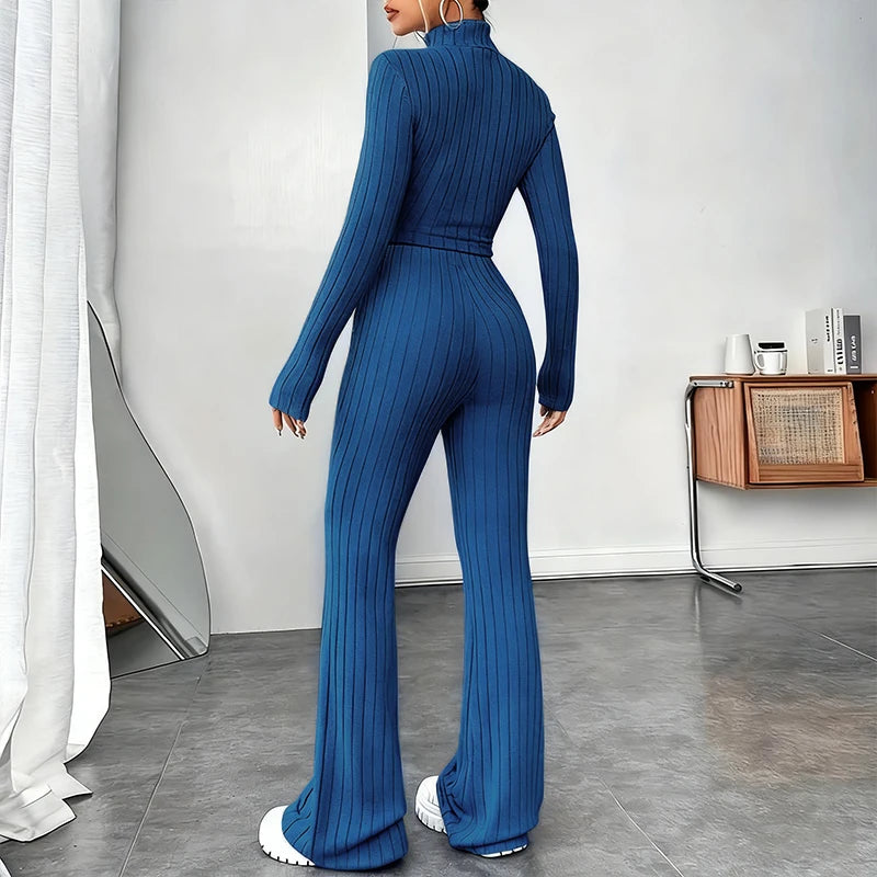 Fashion Women's Knitted Two-piece Set Casual Ribed Long-Sleeve Slim Outfit Trouser Set Female Outfit Clothes