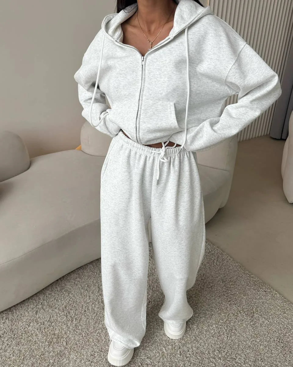 2025 Woman 2 Piece Set Outfit Sports Suit Long-sleeved Zipper Cardigan Hooded Sweatshirt Lace-up Trousers Two-piece Set Trendy