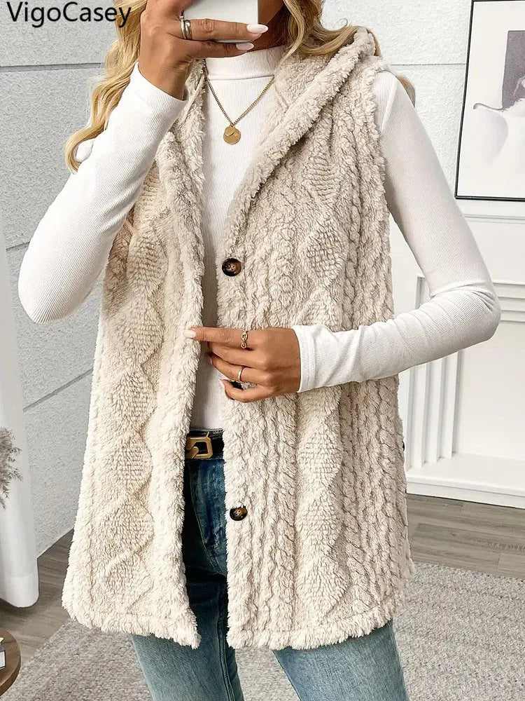 VigoCasey 2025 Casual Sleeveless Thick Vest Coat Woman Solid Hooded Warm Plush Waistcoat Lady Autumn Winter Apricot Vest Jacket