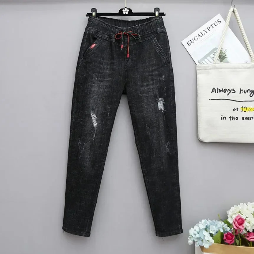 XL-6XL Plus Size jeans for Women Mom Jeans Woman Elastic High Waist Blue BaggyJeans Denim Ripped Jeans Female Harem Pants