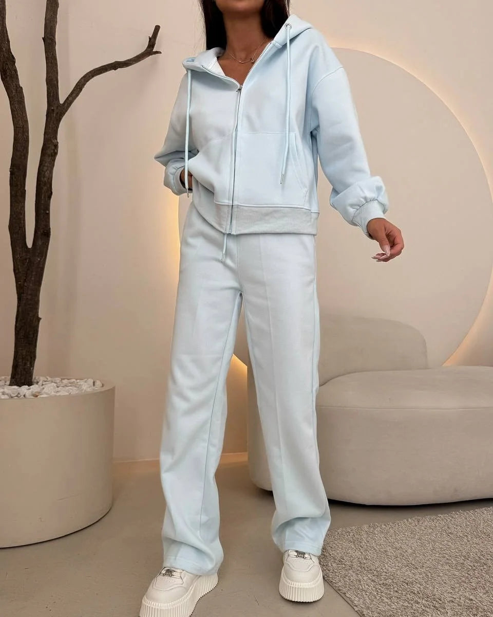 2025 Woman 2 Piece Set Outfit Sports Suit Long-sleeved Zipper Cardigan Hooded Sweatshirt Lace-up Trousers Two-piece Set Trendy