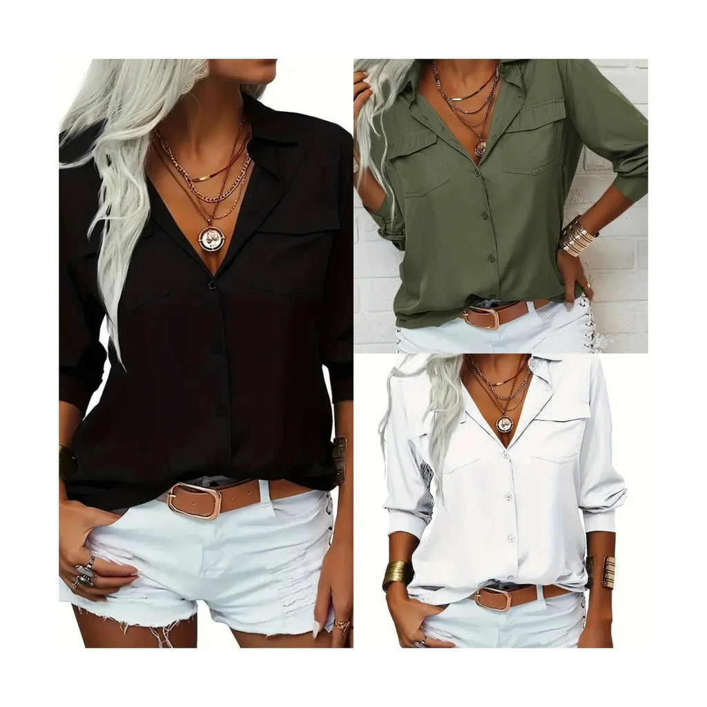 2025 Women's Military Green Shirt Lapel Button Cardigan Top Pocket White Simple Street Loose White Blouses for Female