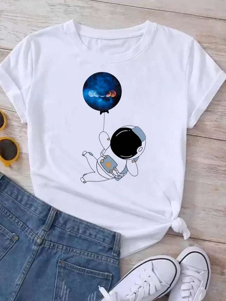 Women Moon Planet Print Fashion Tee Shirts Casual Round Neck Short Sleeve Streetwear Female T-Shirt Vintage Tops