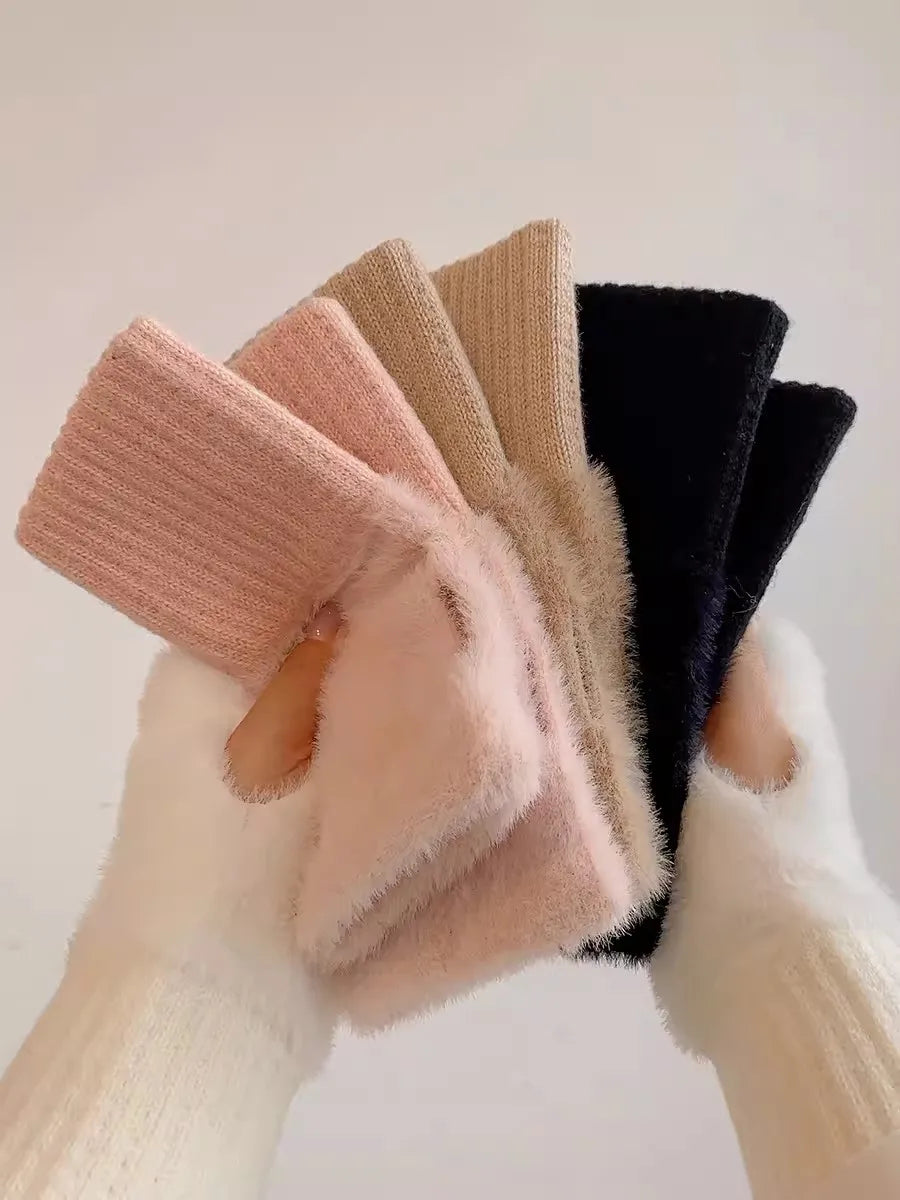 Soft Winter Half Finger Gloves Women Warm Luxury Solid White Plush Knitted Fingerless Gloves Wrist Mittens Writting