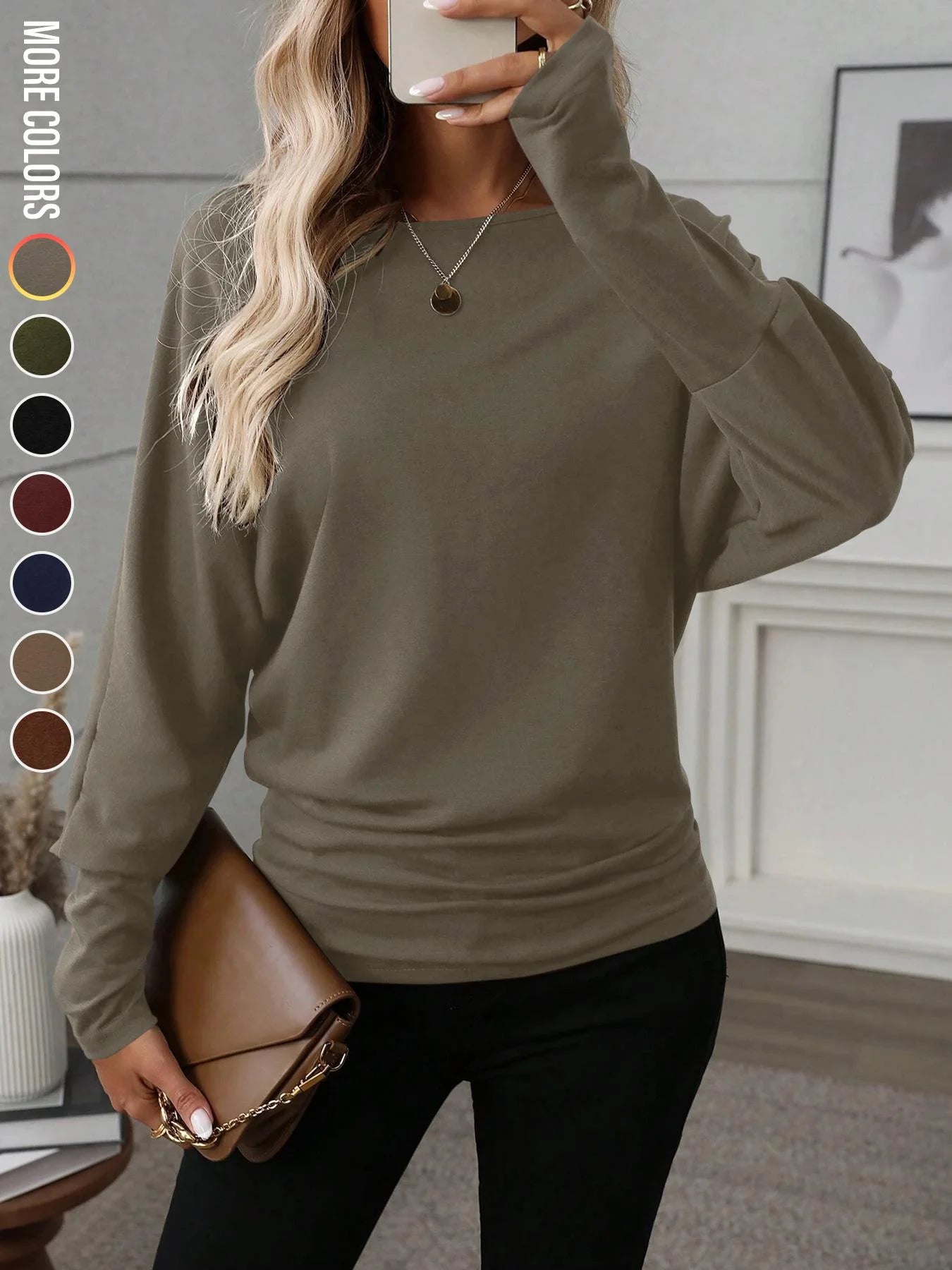 Women's Batwing Sleeve Solid Color T-Shirt, Elastic Long Sleeve Top, Casual Fashion Warm Base Layer, Perfect for Daily Wear & Pa