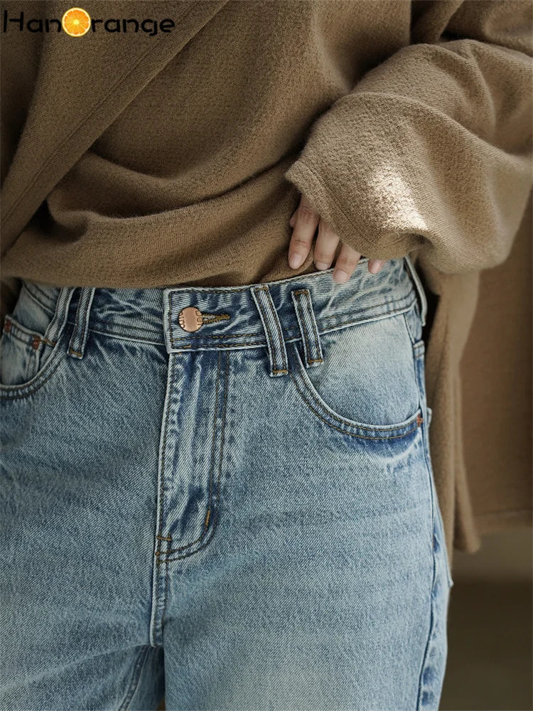 2025 Autumn Winter Retro Polished White Washed Jeans Women Neat Straight Leg 100% Cotton Denim Pants Blue