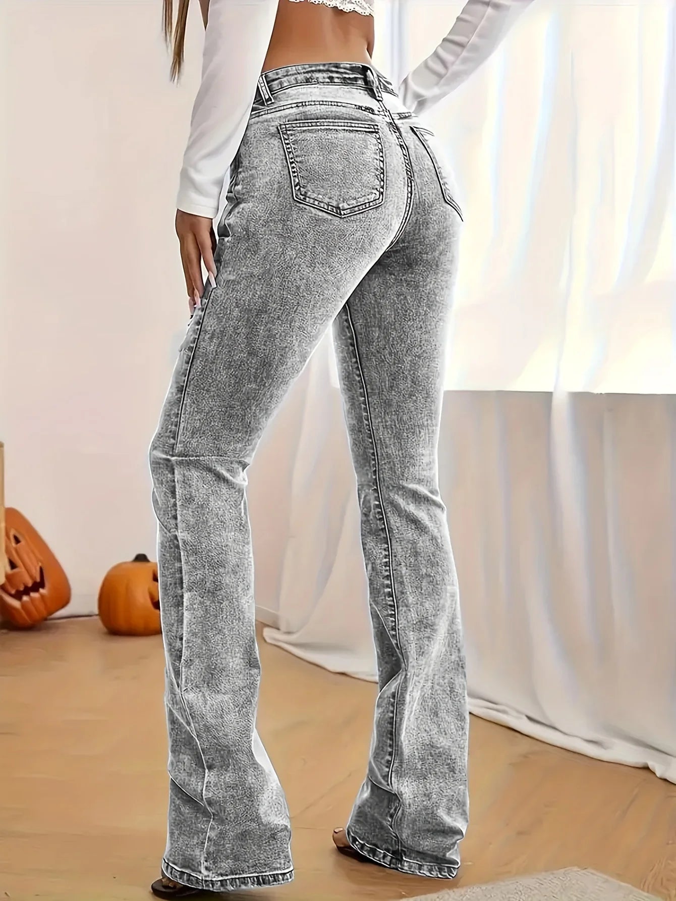 Fashion Women's Gray Low-Rise Slim Fit Bootcut Jeans, Y2K Style, Snow Wash, Streetwear Elegant Denim Pants