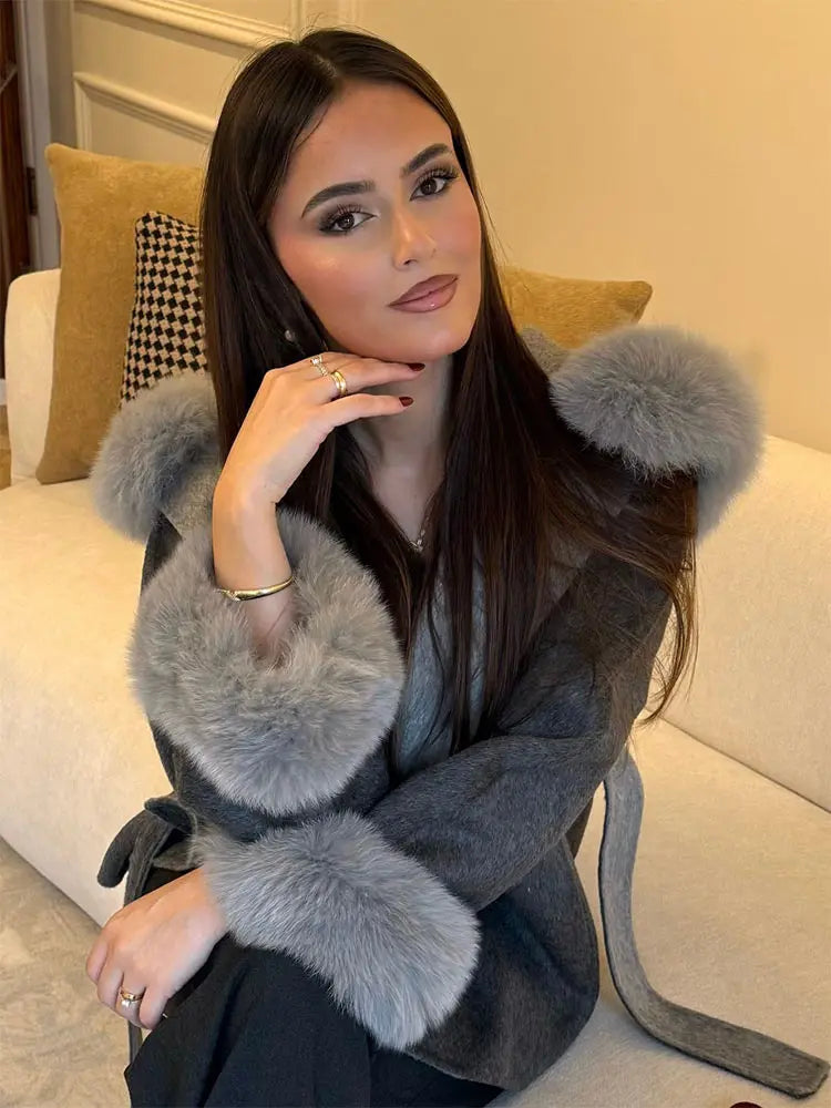 Elegant Women's Faux Fur Hoody Coat Furry Patchwork Lace Up Full Sleeve Female Jacket 2025 Autumn Winter New Lady Warm Outerwear