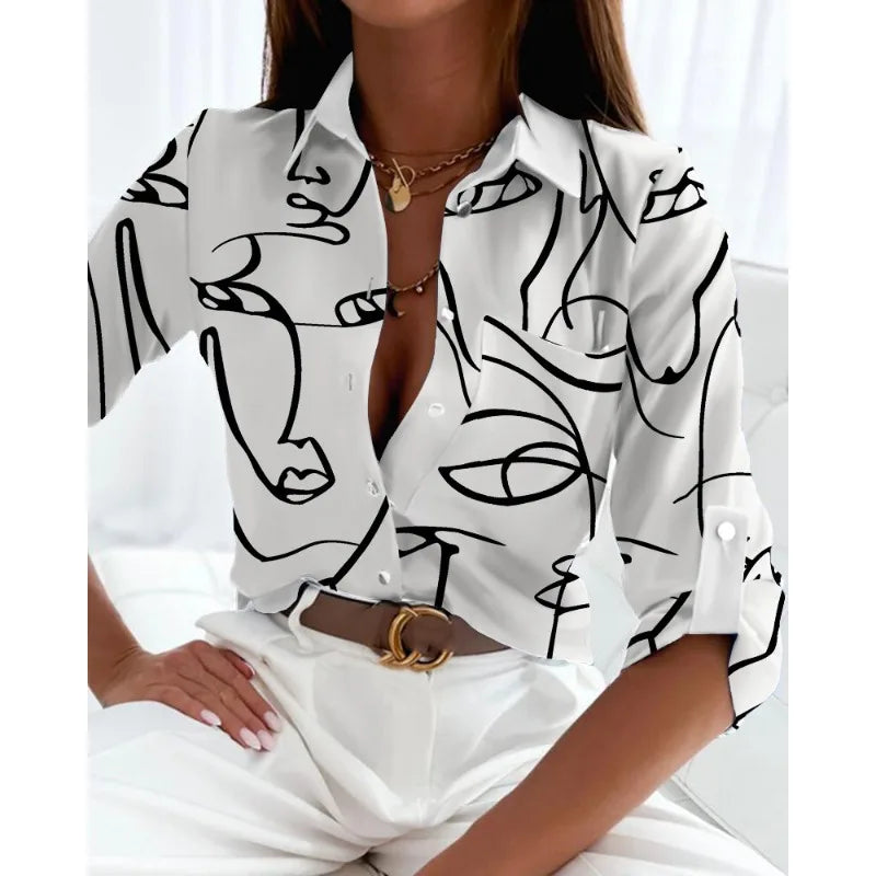 Spring/Summer Women's Commuter Long Sleeved Shirt Fashion Printed Lapel Holiday Casual Shirt Elegant Women's Shirt