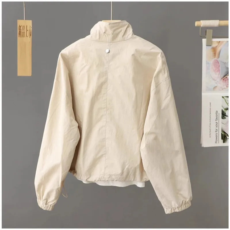Women's New Autumn Zippered Loose Workwear Windbreaker Short Coat Women's Casual Long-sleeved Tops