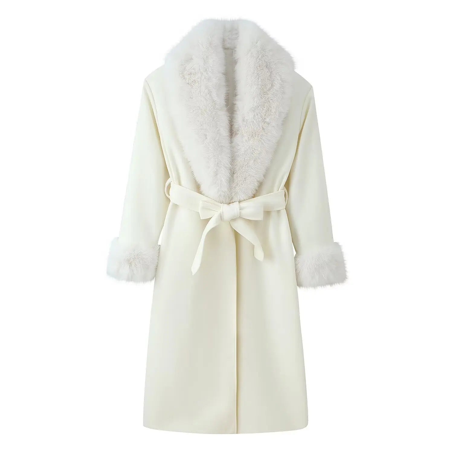 HH New Woman Winter Fashion Versatile Faux Fur Effect Lapel Long Sleeves Belt Long Coat Female Casual Commuting Long Overcoat