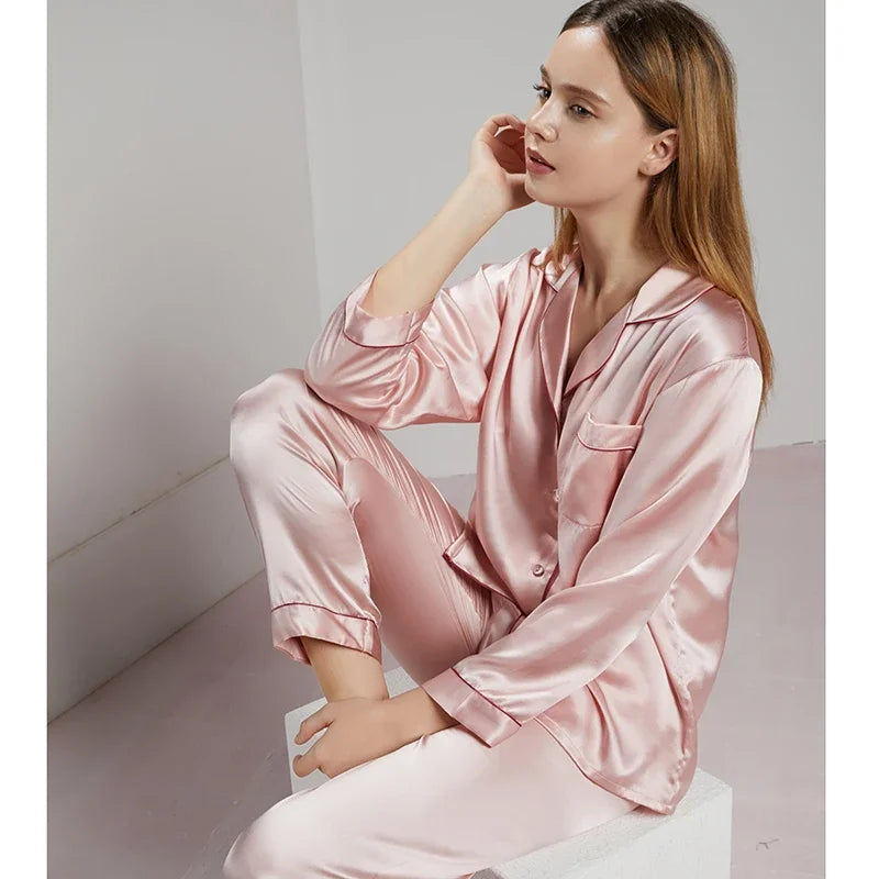 19MM 100% Mulberry Silk Pajamas Women   TrousersTwo-piece Loose   Home Clothes Spring Summer Silk Sleepwear Lady