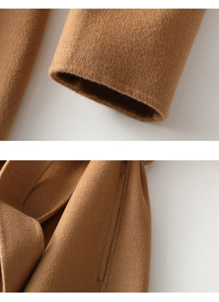 2025 Autumn 100% Wool Coats With Belt Fashion Open Stitch Elegant Woolen Cashmere Coat Veste Femme Tops