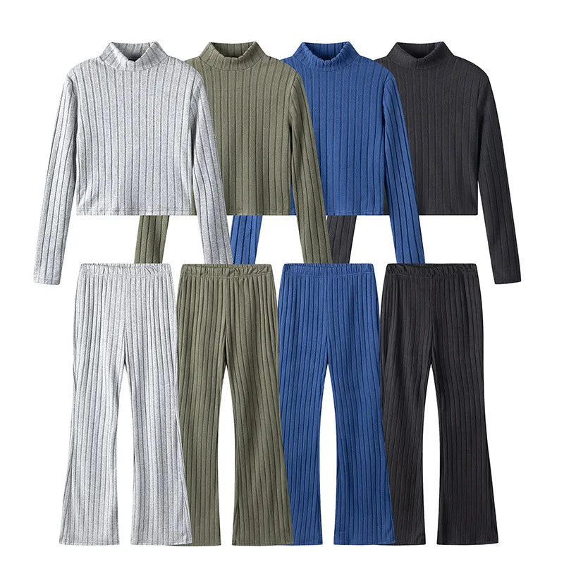 Fashion Women's Knitted Two-piece Set Casual Ribed Long-Sleeve Slim Outfit Trouser Set Female Outfit Clothes
