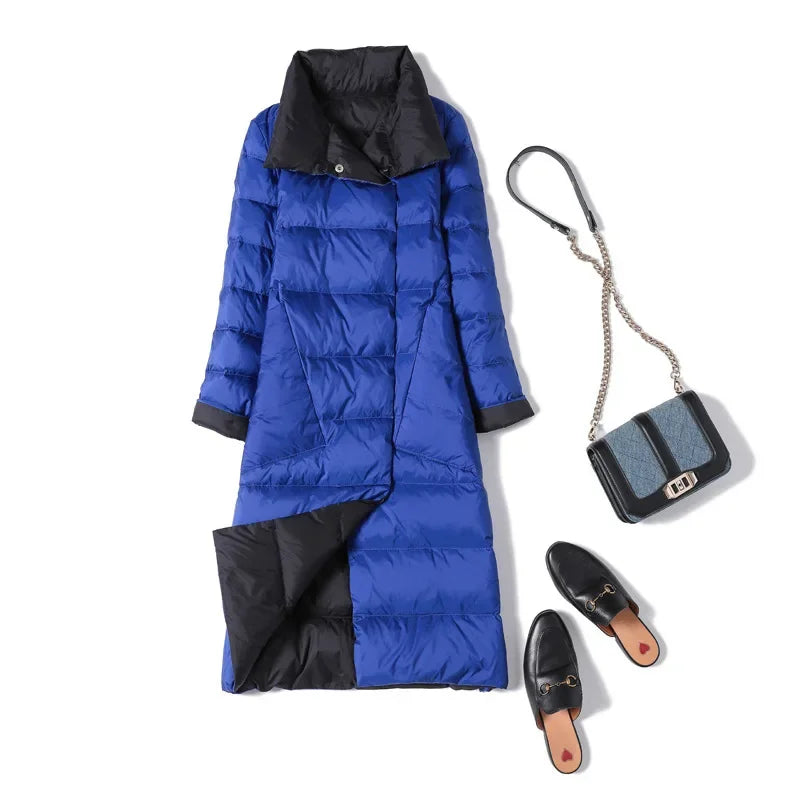 Winter Women White Duck Down Jacket Long Styles Oblique Pocket Lapel Double Sided Coat Female Single Breasted Warm Parka Outwear