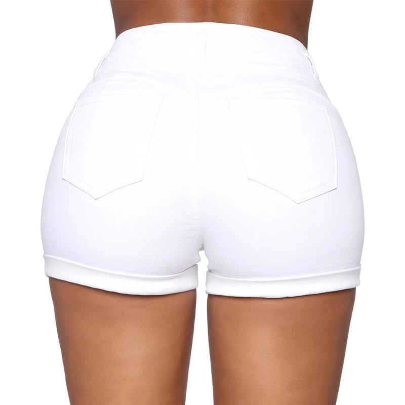 Liooil Cotton Stretchy High Waist Jean Shorts Woman Summer 2025 Casual Sweat With Pocket Zipper White Black Cuffed Denim Shorts